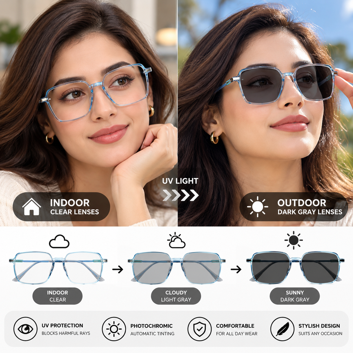 Photochromic Glasses, One Pair. Two Modes. Unlimited Comfort.(GU8)
